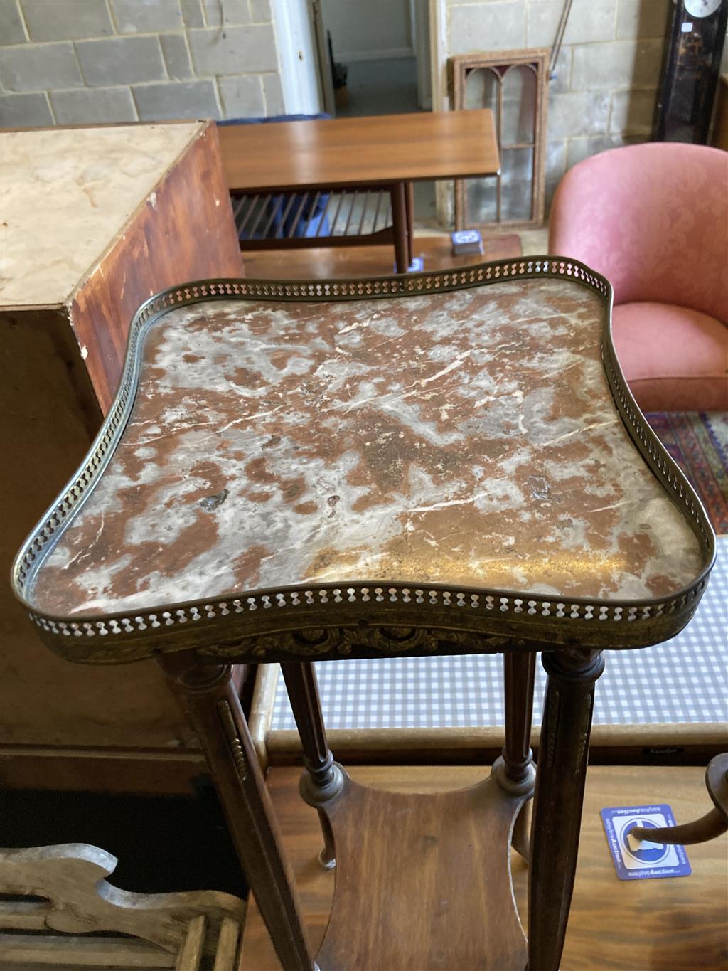 A near pair of French marble top two tier plant stands, larger width 30cm, depth 30cm, height 82cm